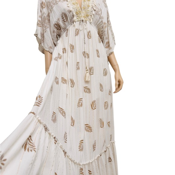 Zuri Embroidered Boho Maxi Dress Gold Embroidered Tassel V-Neck Free Size - Picture 7 of 9